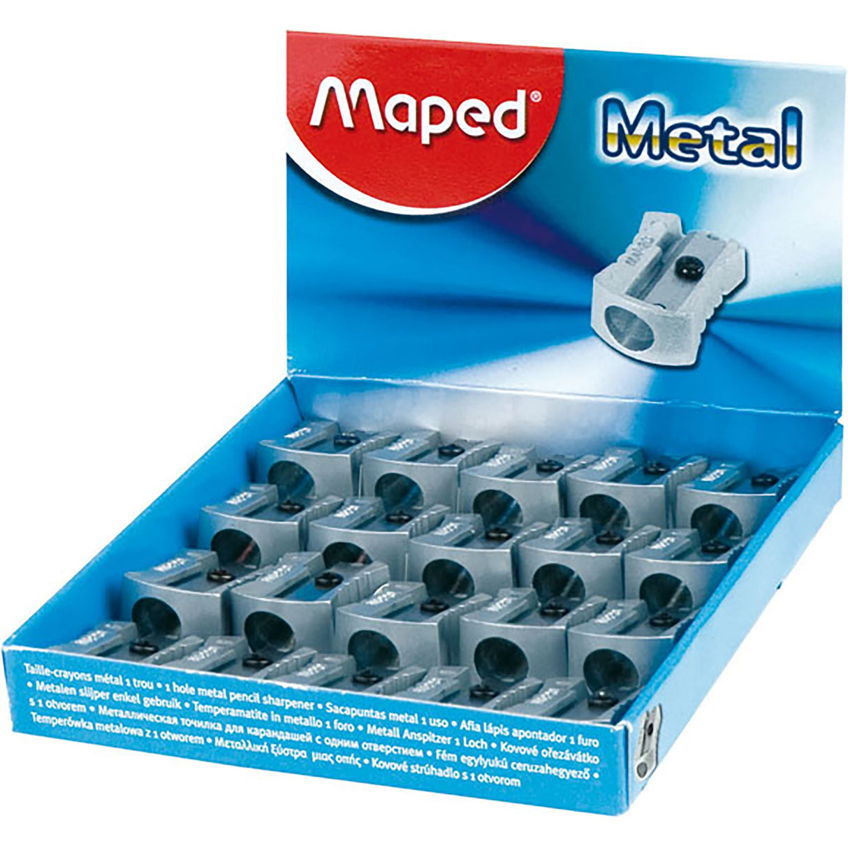 Brightly colored Maped Classic 1-hole sharpeners in a pack of 20 with durable metal entry for precise pencil sharpening.