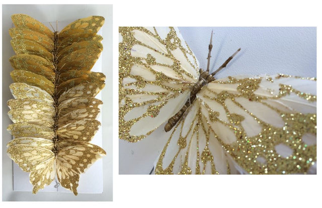 Colorful glittering artificial butterflies in a set of 12, featuring feather bodies and bendable wire for versatile decor.