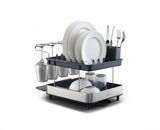 Joseph Joseph Steel 2-Tier Dish Rack with wine glass holder and adjustable cutlery holder for efficient drying in small spaces.