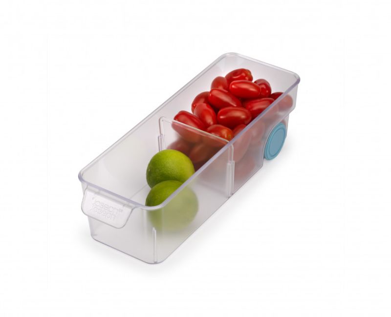 Joseph Joseph FridgeStore Small Storage: Compact fridge drawer with easy-pull handle, wheels, and removable divider for organized food storage.