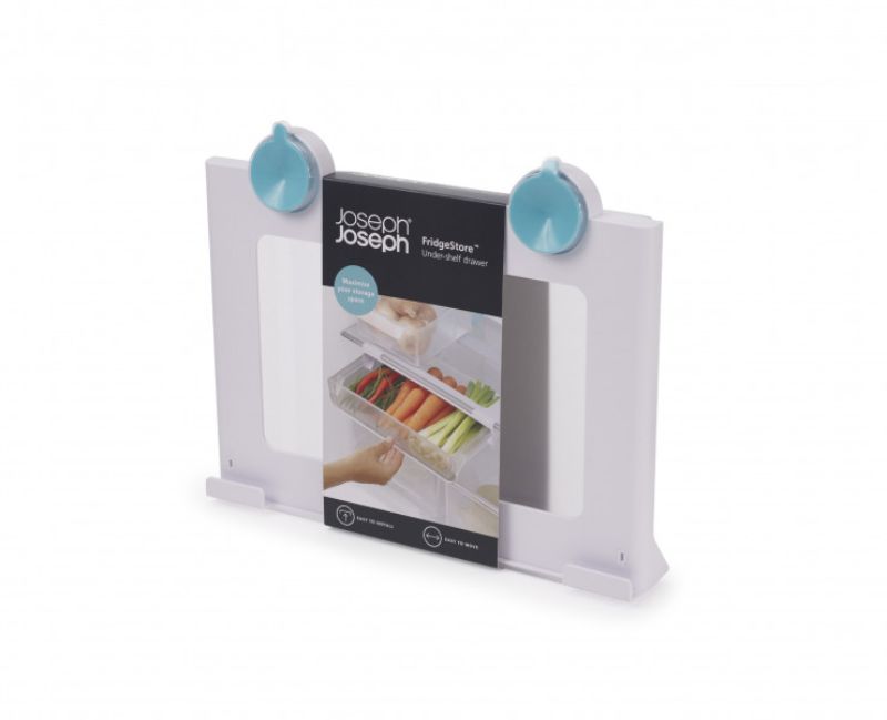 Under-shelf storage drawer maximizing fridge space, with easy-pull handle and secure suction cups for organization.