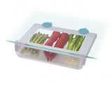 Under-shelf storage drawer maximizing fridge space, featuring suction cups, easy-pull handle, and BPA-free design.