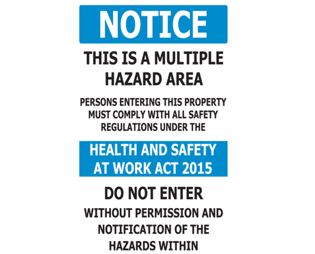 Mandatory safety sign indicating multiple hazards, 300x450mm PVC, features bold English message for workplace awareness.