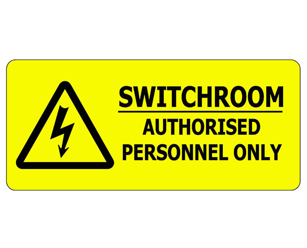 Durable PVC safety sign warning 'Authorized Personnel Only' for electrical switchrooms, size 450 x 200 mm.