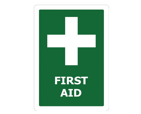 Emergency first aid sign in durable PVC, measuring 240 x 340mm, ensures clear guidance in emergencies.