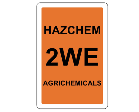 Durable PVC safety sign displaying Hazchem 2WE Agrichemicals for workplace safety in agricultural settings, 300 x 450mm.