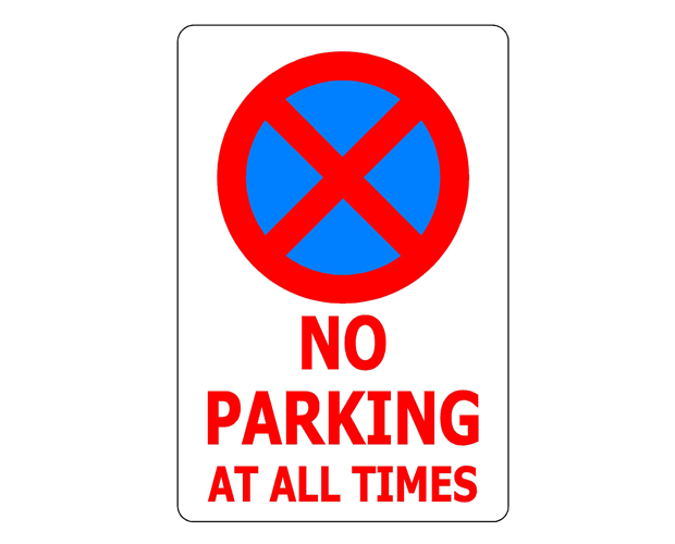 Durable PVC traffic sign (300 x 450mm) stating 'No Parking at All Times' for clear parking regulations and safety.