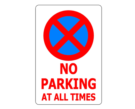 Durable PVC traffic sign (300 x 450mm) stating 'No Parking at All Times' for clear parking regulations and safety.