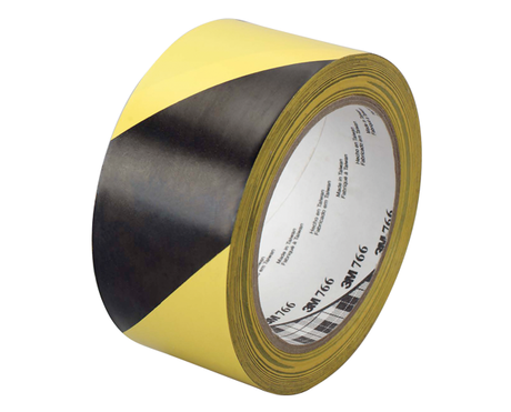 Yellow and black floor marking tape for safety, lane marking, and color coding, with strong adhesive and durable vinyl backing.