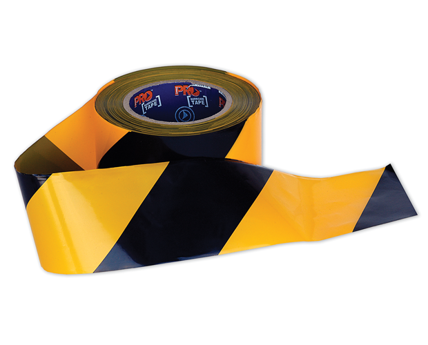 High-visibility yellow and black barricade tape (100m) for marking hazardous areas and ensuring safety.
