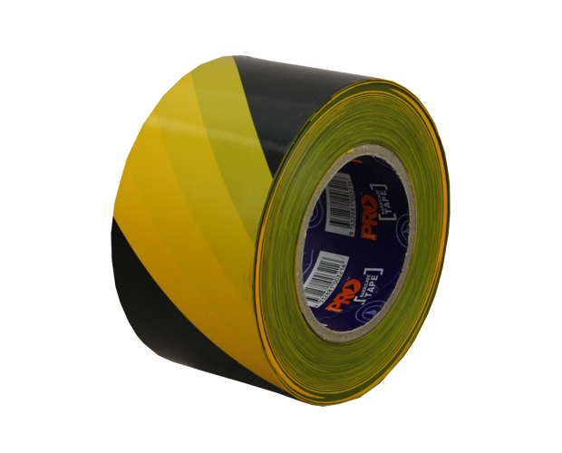 Yellow and black heavy-duty barricade tape, 100m long, marks hazardous areas for safety and visibility.