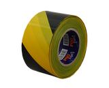 Yellow and black heavy-duty barricade tape, 100m long, marks hazardous areas for safety and visibility.