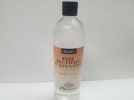 500ml bottle of PHOENIX FINE TURPENTINE, ideal for thinning oil paints and cleaning brushes for artists.