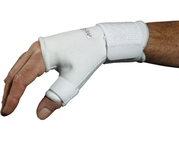 Wrist/thumb strap in white, providing compression and support, designed for optimal comfort and flexibility for both hands.