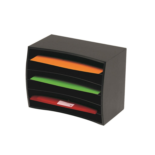 Marbig Desktop Organiser in black wood with 6 tiers, designed for A4 and foolscap storage, versatile for any office decor.