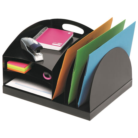 Sleek black desktop organizer with 3 vertical and 3 horizontal shelves for efficient A4 and Foolscap document storage.