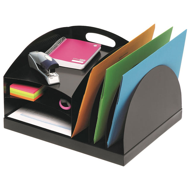 Sleek black desktop organizer with 3 vertical and 3 horizontal shelves for efficient A4 and Foolscap document storage.