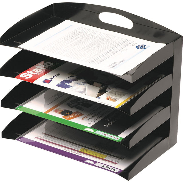 Marbig 4 Tier Desktop Organiser in black, designed for A4/Foolscap documents, enhancing workspace efficiency and style.