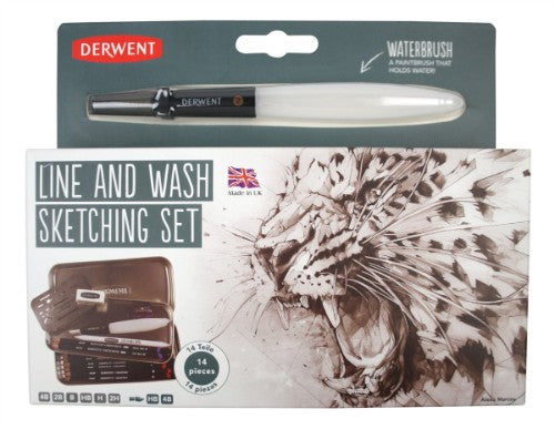 Derwent Line and Wash Sketching Set in a silver tin featuring graphic and watersoluble pencils for dynamic art creation.