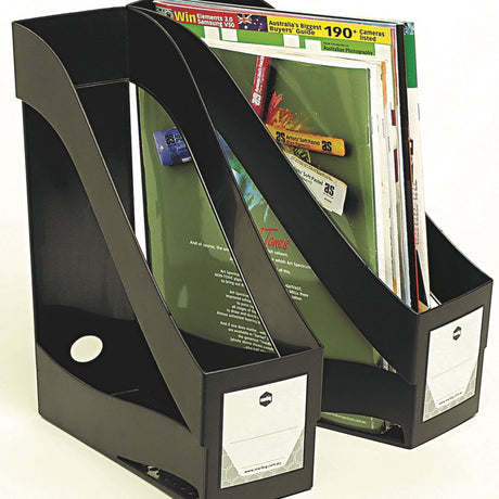 Eco-friendly Marbig Enviro Magazine Holder, ideal for organizing with large ID panel and nestable design, 85 x 300 x 245mm.