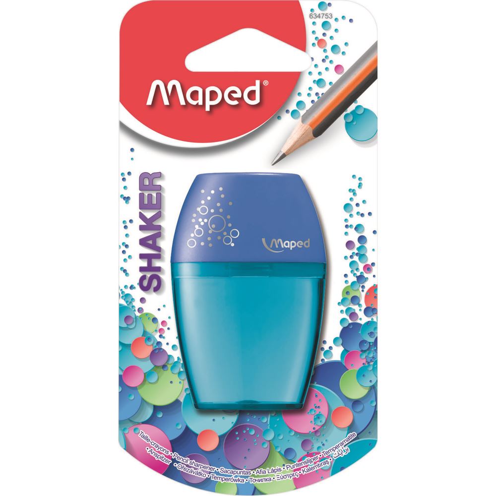 Maped Shaker Sharpener 1 Hole in vibrant colors, compact design for precise sharpening, perfect for students and artists.