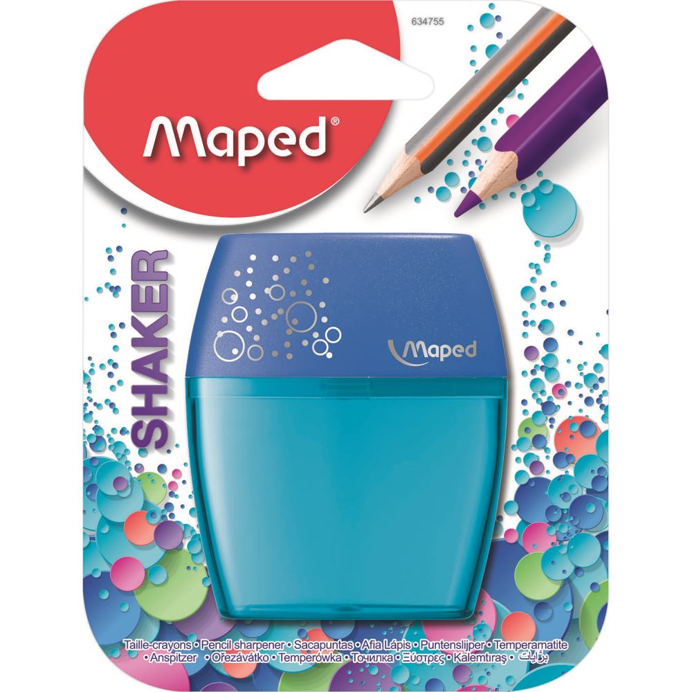 Bright and functional Maped Shaker Sharpener with two holes for standard and larger pencils, ideal for school or office use.