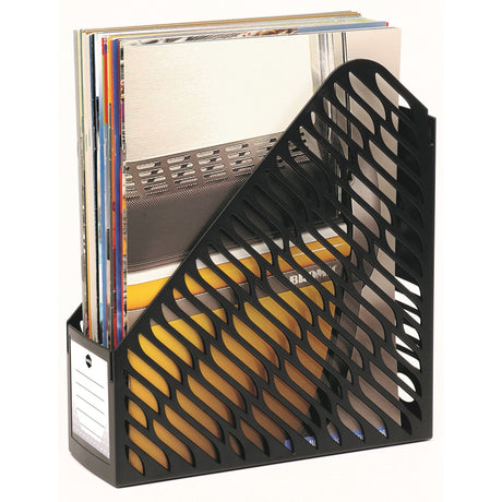 Sleek black Marbig magazine rack twin pack for organizing magazines and papers, featuring labels for easy identification.