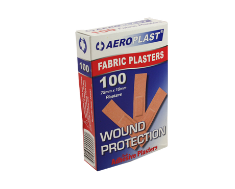 Amtech Fabric Plaster Strips in a box of 100, featuring elastic fabric design and strong adhesive for effective wound care.