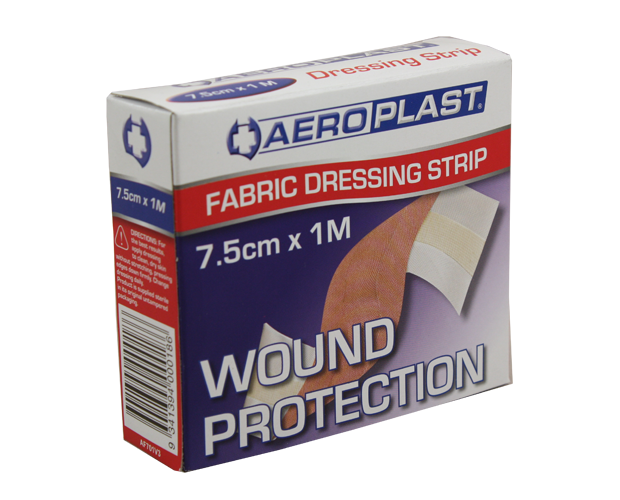 High-quality Amtech Aeroplast fabric dressing strips, 7.5cm x 1m, featuring strong adhesive for reliable wound protection.