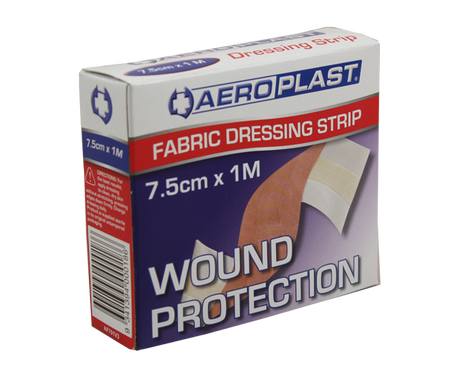 High-quality Amtech Aeroplast fabric dressing strips, 7.5cm x 1m, featuring strong adhesive for reliable wound protection.