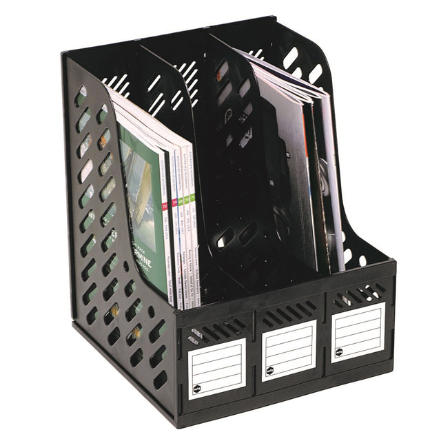 Marbig Magazine Rack with 3 spacious compartments for organizing magazines, catalogs, and phone books efficiently.