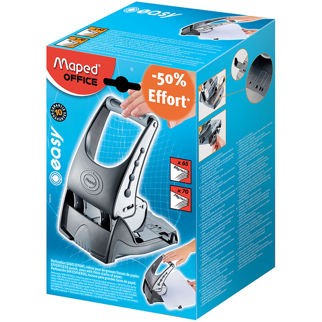 Maped Easy Punch Hole Punch for effortless paper punching of up to 65 sheets, featuring ergonomic design and precise alignment.