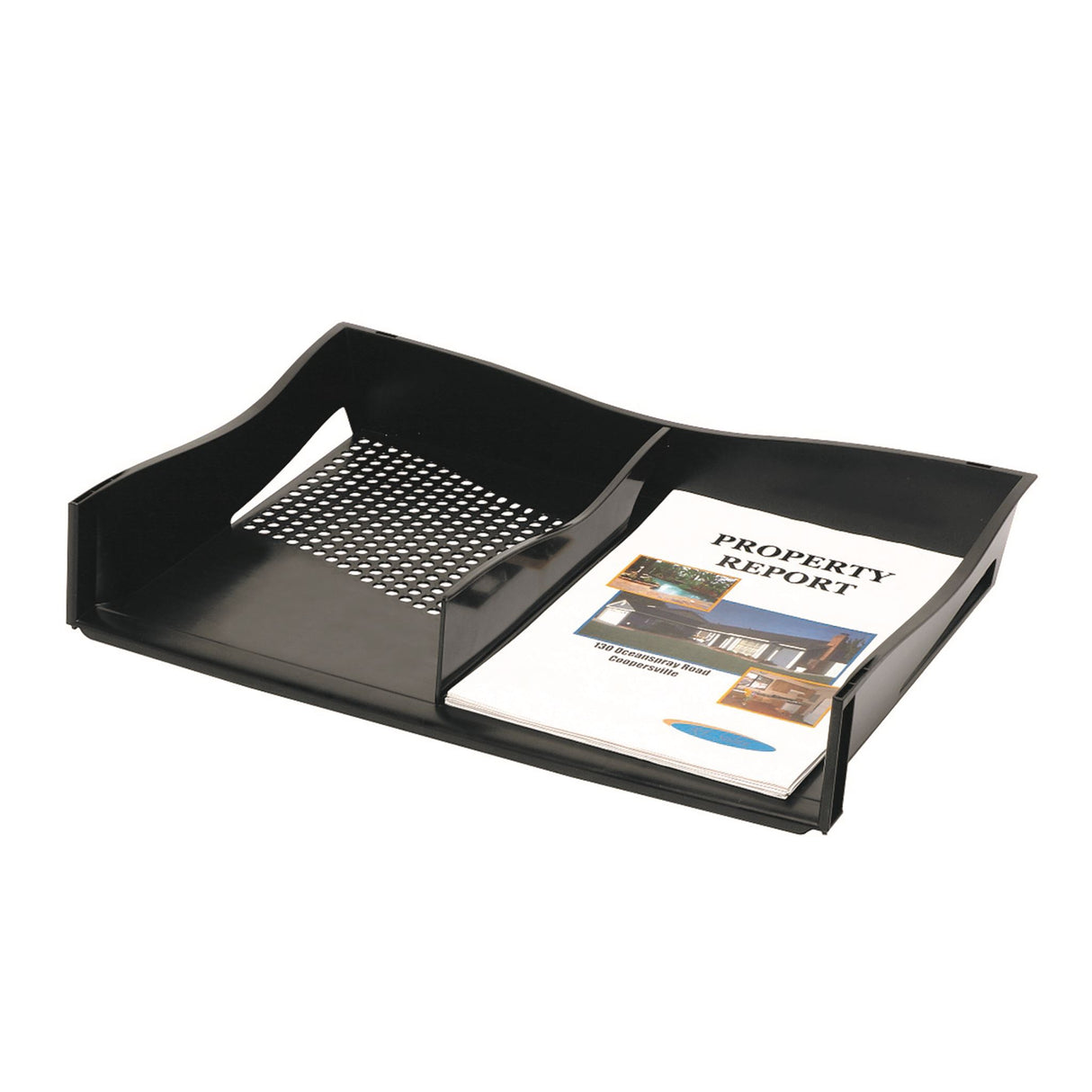 Eco-friendly Marbig Enviro A3 document tray with divider, stackable for A3/A4 files, ideal for organized workspace management.