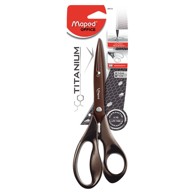 Maped Expert Titanium Scissor 21cm with durable titanium coating, ergonomic handle, and made from 79% recycled materials.