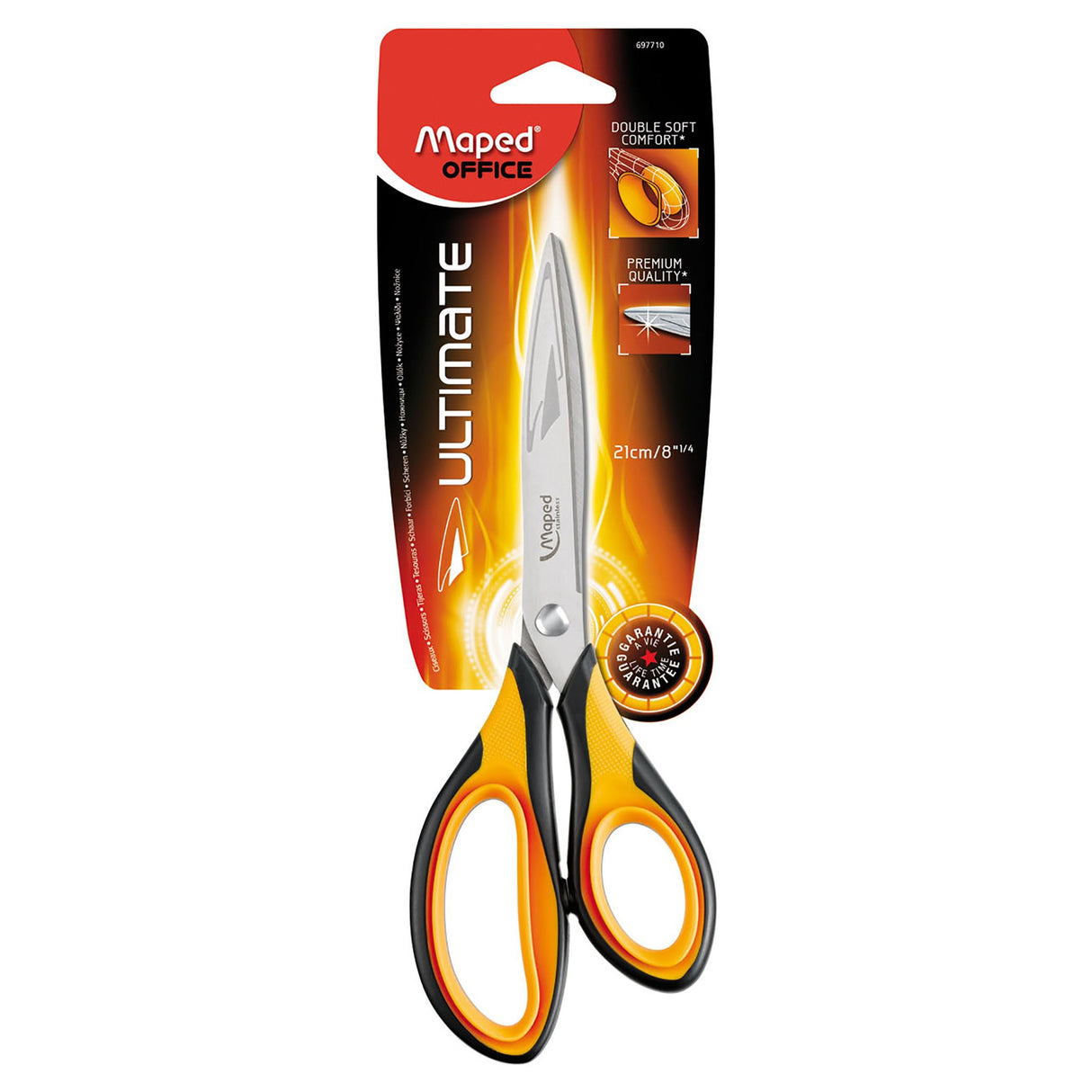 Ergonomic 21cm scissors with high carbon stainless steel blades, designed for comfort and durability in cutting tasks.