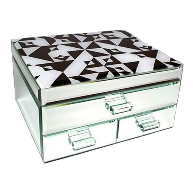 Elegant glass mirror jewellery box with felt-lined compartments for rings, necklaces, and earrings, featuring two spacious drawers.