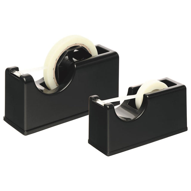 Compact black tape dispenser designed for 33m rolls, ideal for home or office use, combining style and functionality.