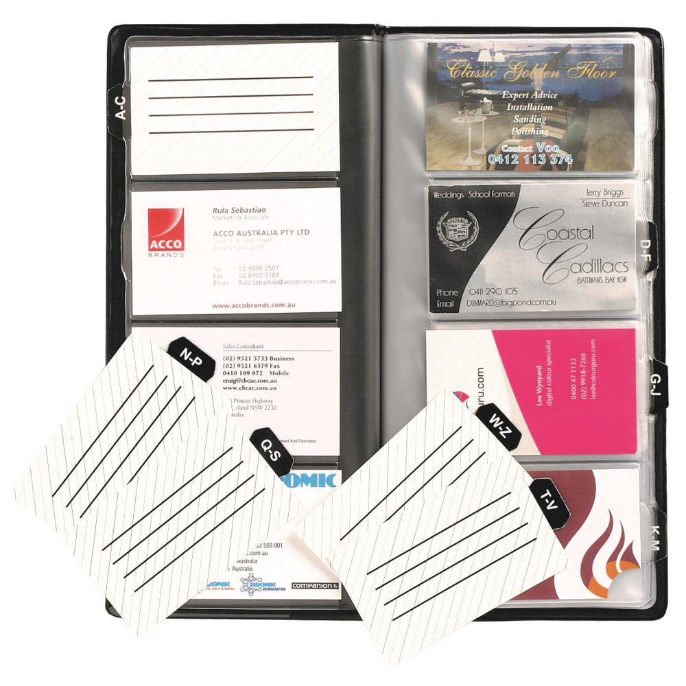 Marbig Business Card Holder in black, holds 96 cards, features durable plastic pages, and a slim design for easy portability.