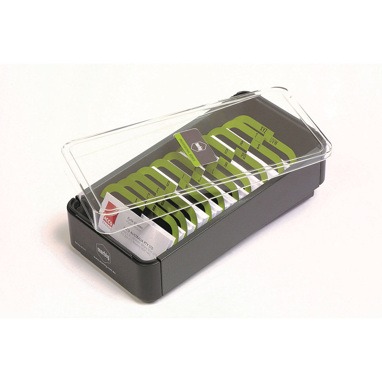 Sleek Marbig Business Card Box with clear lid, 400-capacity, A-Z dividers, folding panels for easy access. Perfect for organizing contacts.