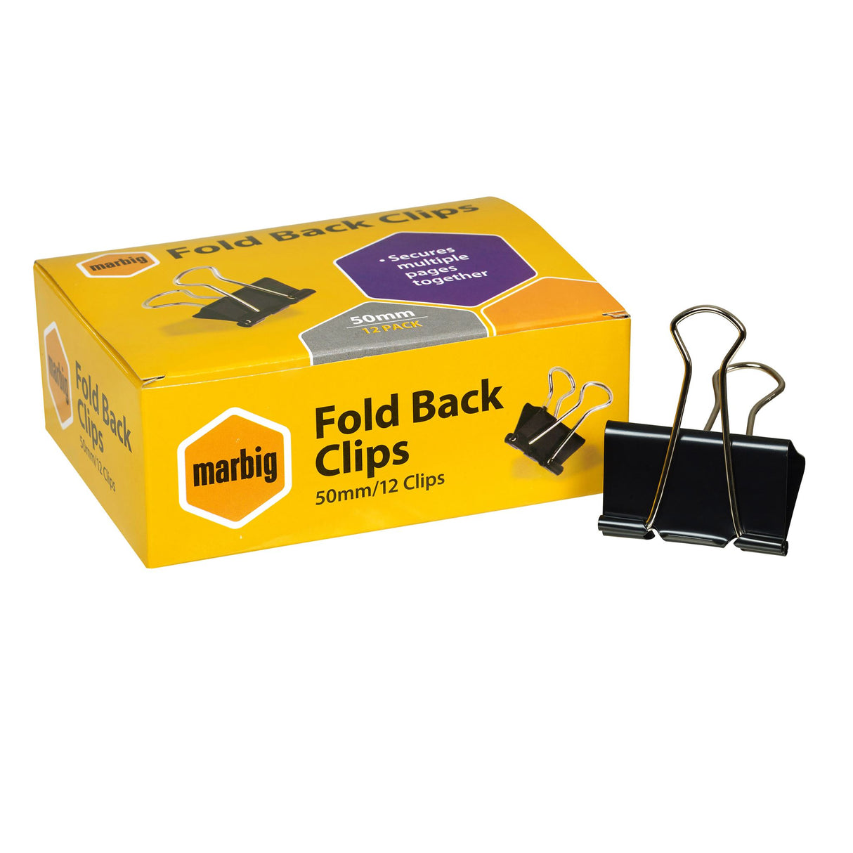 Marbig Fold Back Clips 50mm in a box of 12, perfect for securely organizing documents without damage.