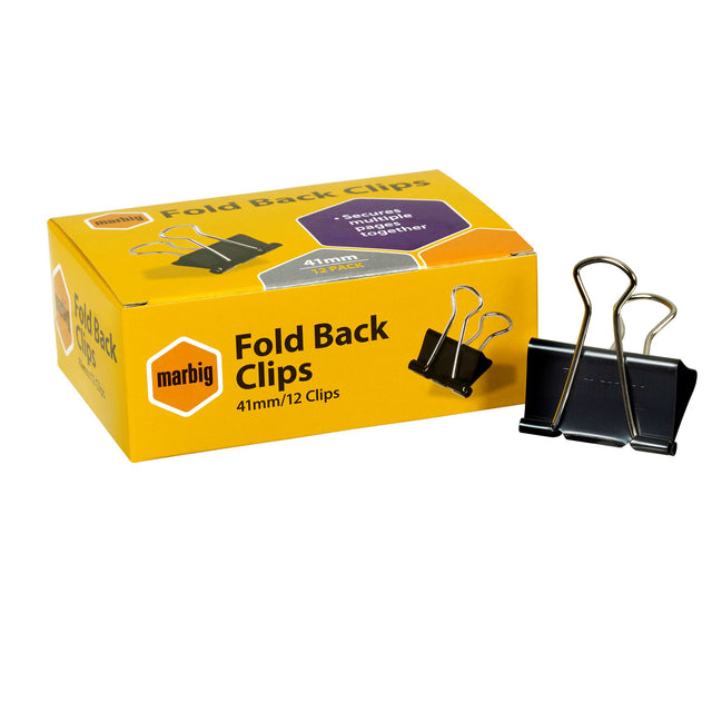 Black Marbig 41mm fold back clips in a box of 12, perfect for organizing documents securely and efficiently.