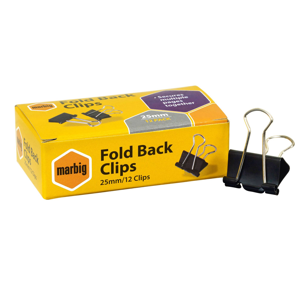 Box of 12 Marbig 25mm fold back clips for secure document organization and easy handling in any workspace.