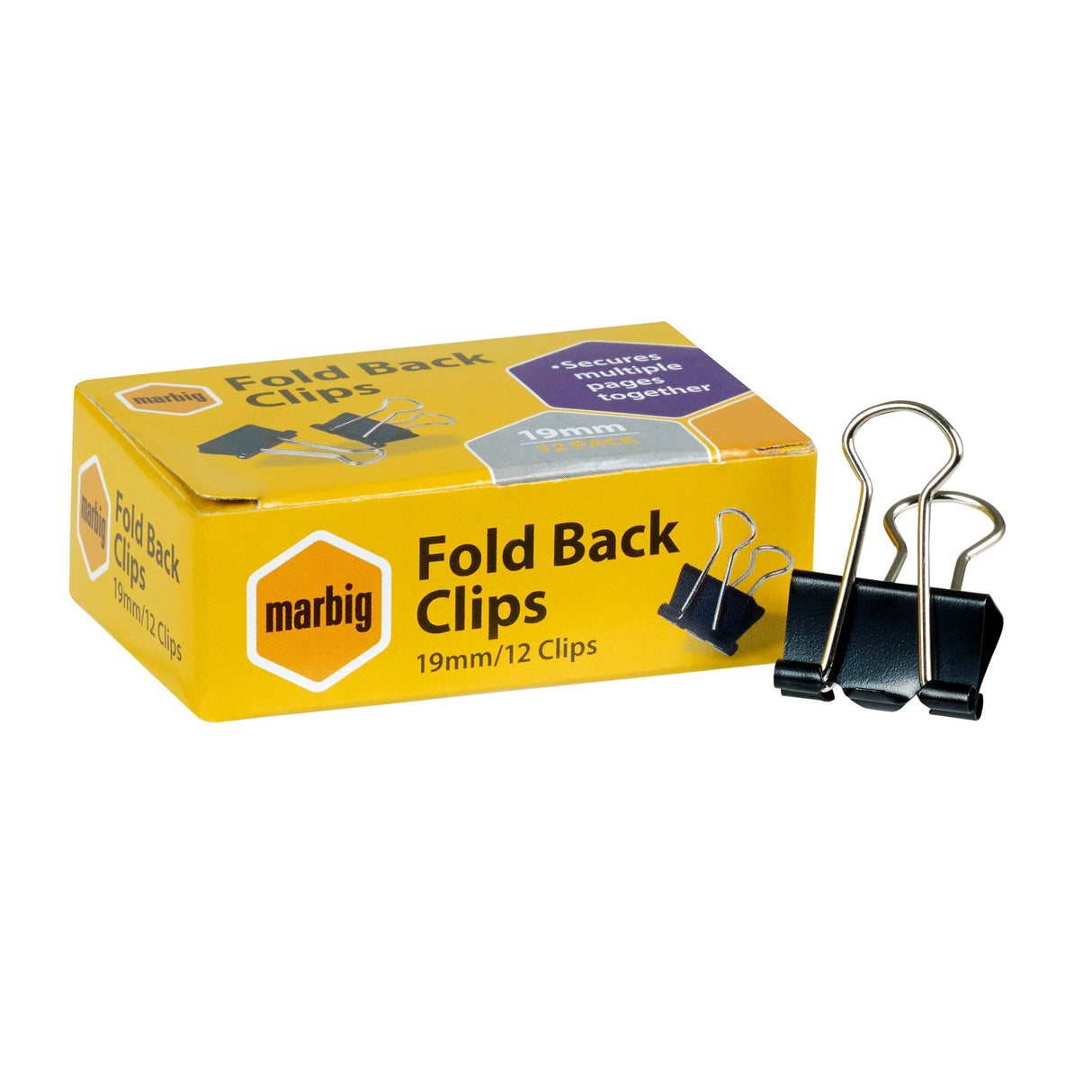 Marbig Fold Back Clips 19mm in a box of 12, ideal for organizing documents with secure, slip-free binding.