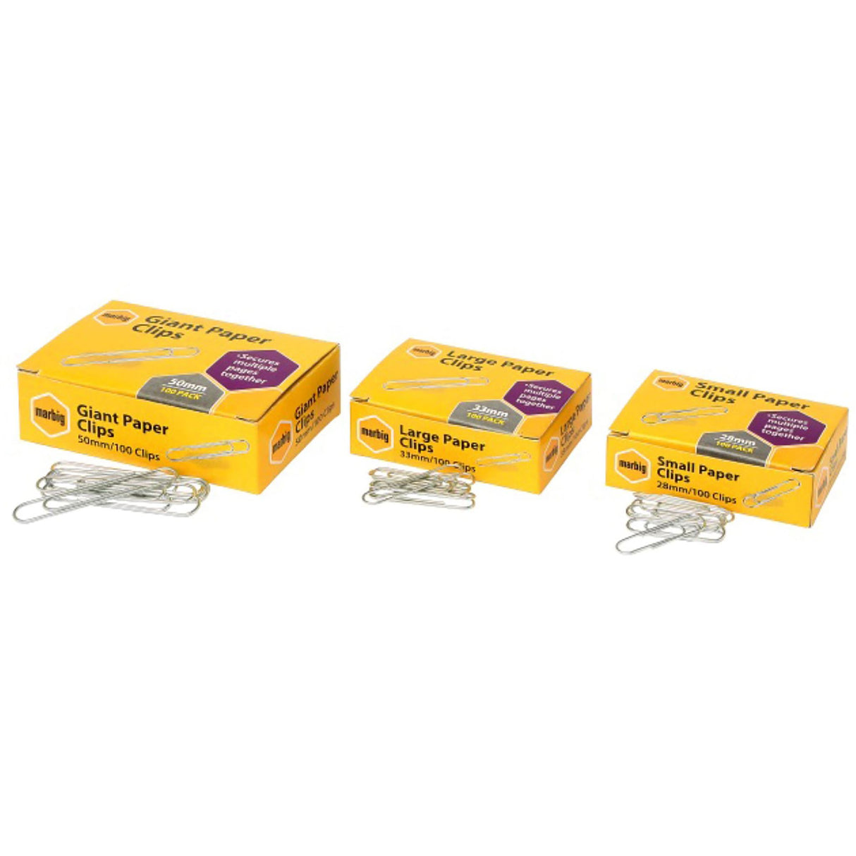 MARBIG® 28mm paper clips in a box of 100, perfect for organizing documents with a strong, durable metal design.