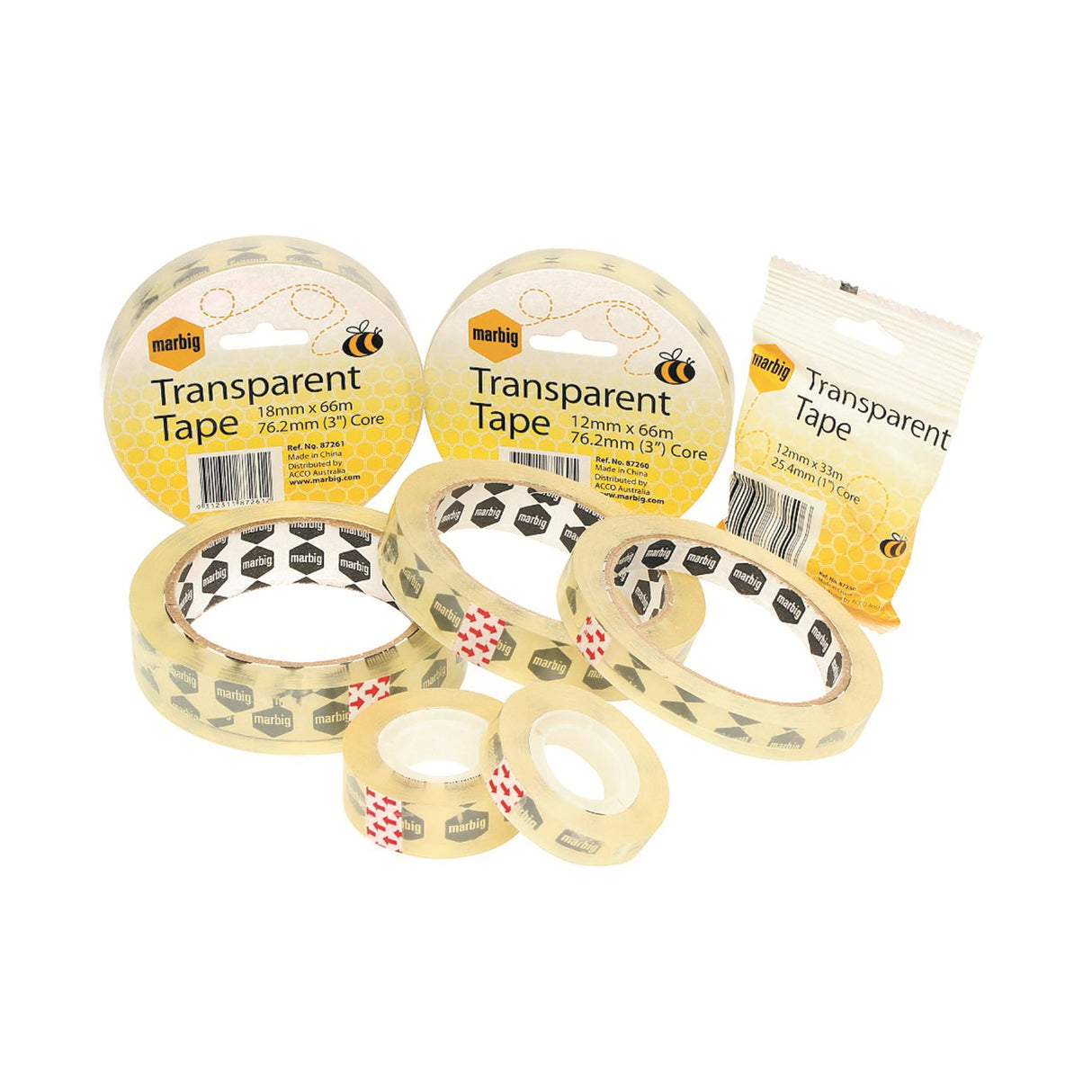 Clear Marbig Tape Office 12mm x 33m with glossy finish, ideal for packing and crafting, easy to use with dispensers.