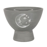 Moon Grey Terracotta Smudge Bowl with crescent moon and stars design, perfect for burning herbs and enhancing spiritual rituals.
