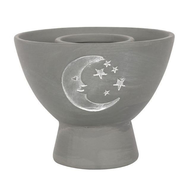 Moon Grey Terracotta Smudge Bowl with crescent moon and stars design, perfect for burning herbs and enhancing spiritual rituals.