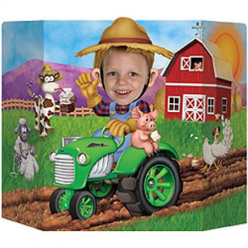 Cardboard photo prop of a farm scene measuring 94cm x 64cm, ideal for creative photography backdrops.
