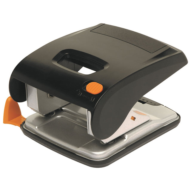 Marbig 2-Hole Punch in plastic, requiring 60% less force, punches 30 sheets quietly for efficient document management.