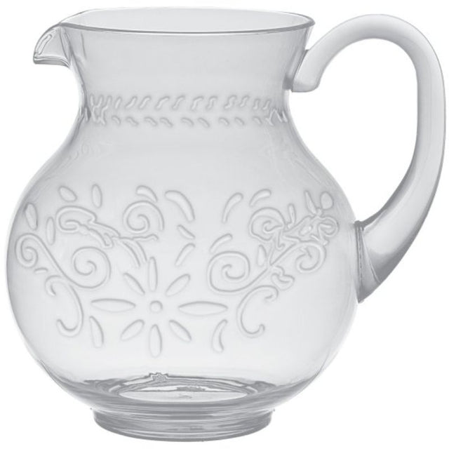 Clear floral pitcher jug with debossed finish, perfect for elegant outdoor gatherings and stylish beverage service.